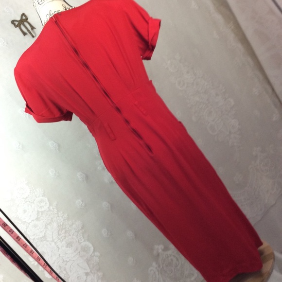 Vintage Red Mock Paper-bag Midi Sheath Dress 12 - Picture 8 of 13